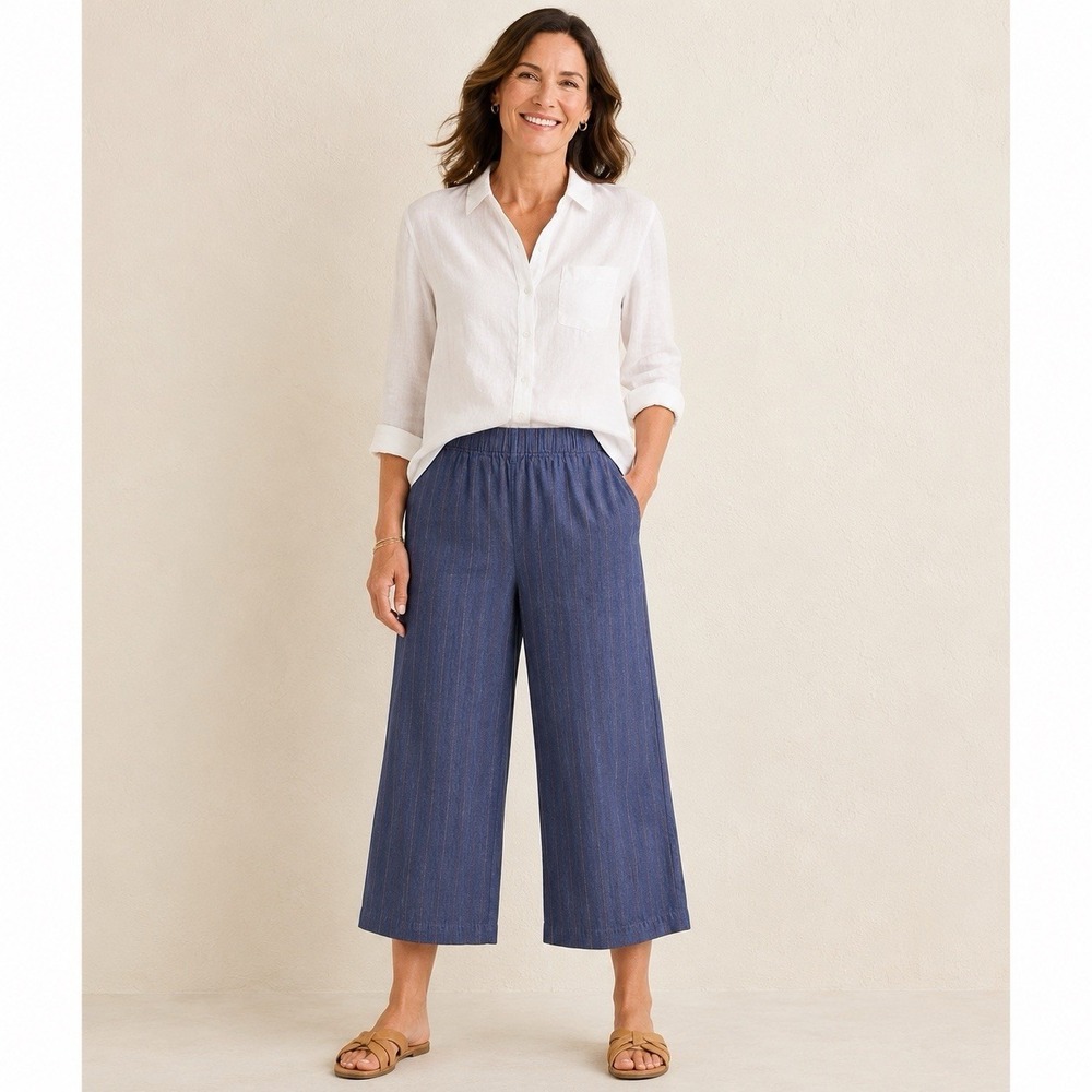 J.Jill Linen Stretch Pants Womens Blue Pinstripe Wide Leg Crop Large L Pocket